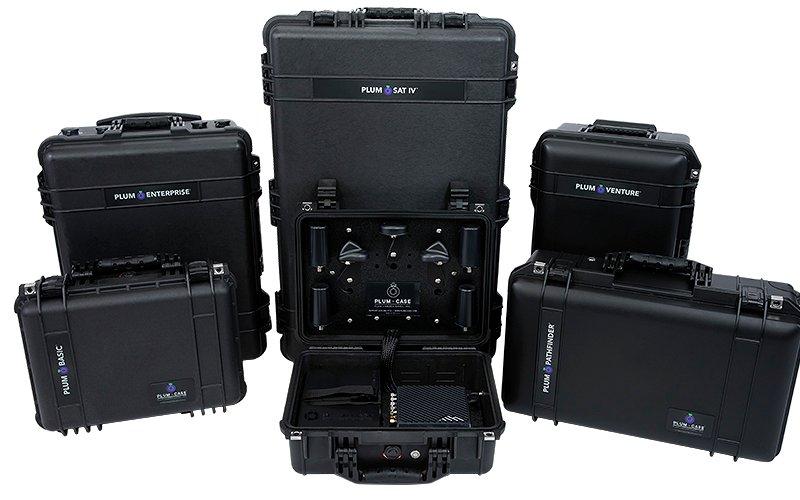 Rugged black portable broadband kits in several sizes, one open to show its antennas and router